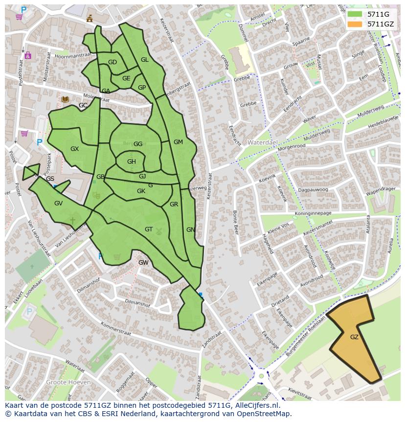 Afbeelding van het postcodegebied 5711 GZ op de kaart.