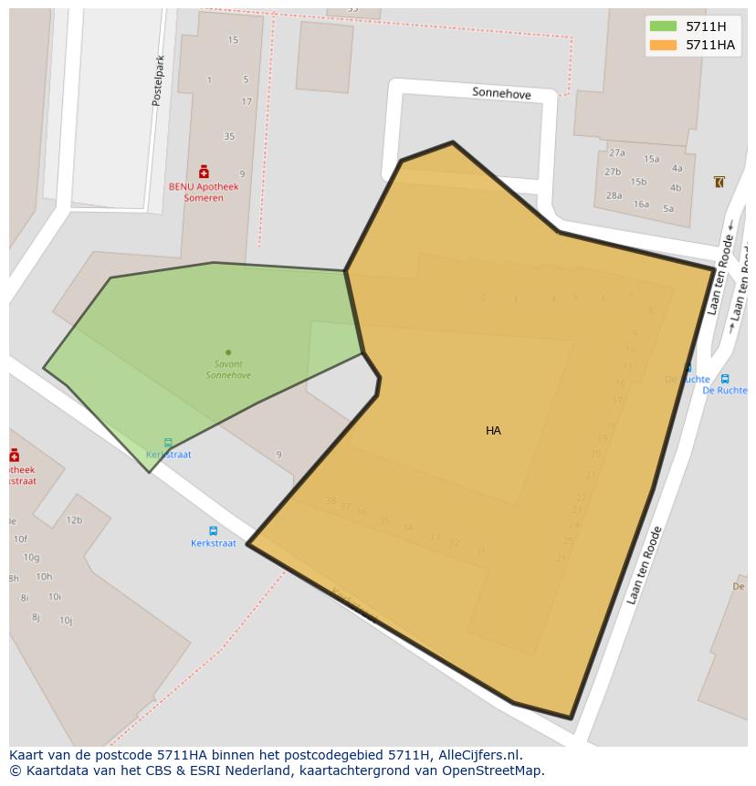 Afbeelding van het postcodegebied 5711 HA op de kaart.