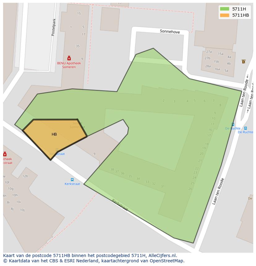 Afbeelding van het postcodegebied 5711 HB op de kaart.