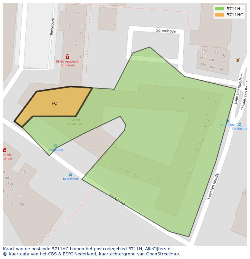 Afbeelding van het postcodegebied 5711 HC op de kaart.