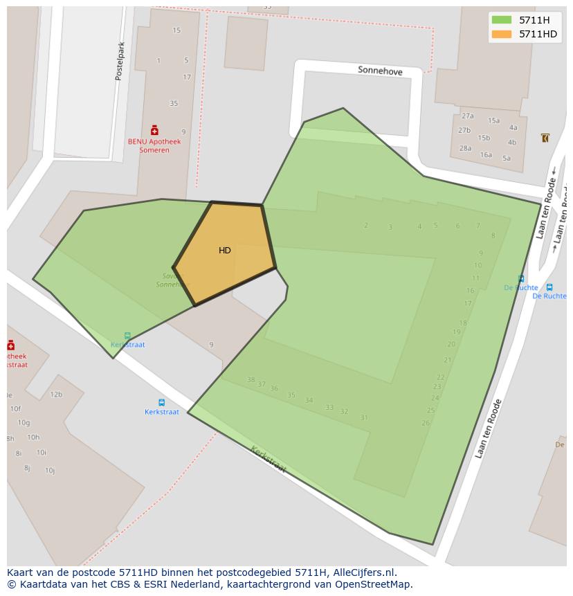 Afbeelding van het postcodegebied 5711 HD op de kaart.