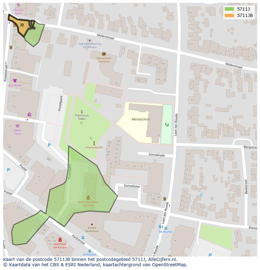 Afbeelding van het postcodegebied 5711 JB op de kaart.