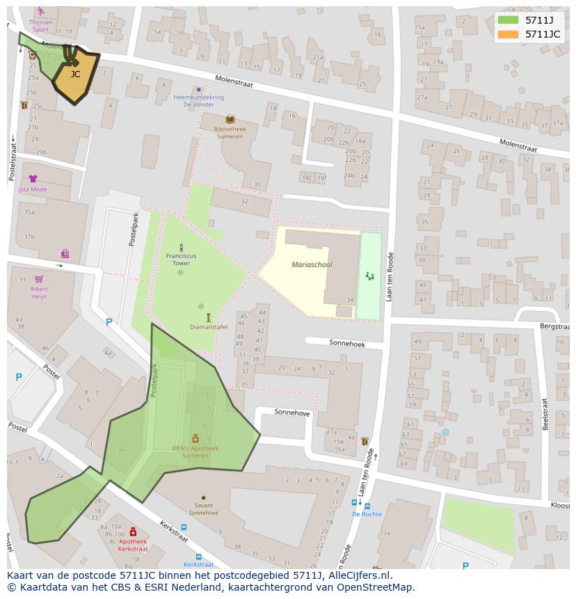 Afbeelding van het postcodegebied 5711 JC op de kaart.