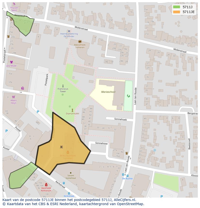 Afbeelding van het postcodegebied 5711 JE op de kaart.