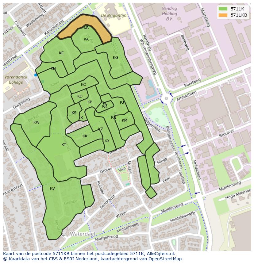 Afbeelding van het postcodegebied 5711 KB op de kaart.