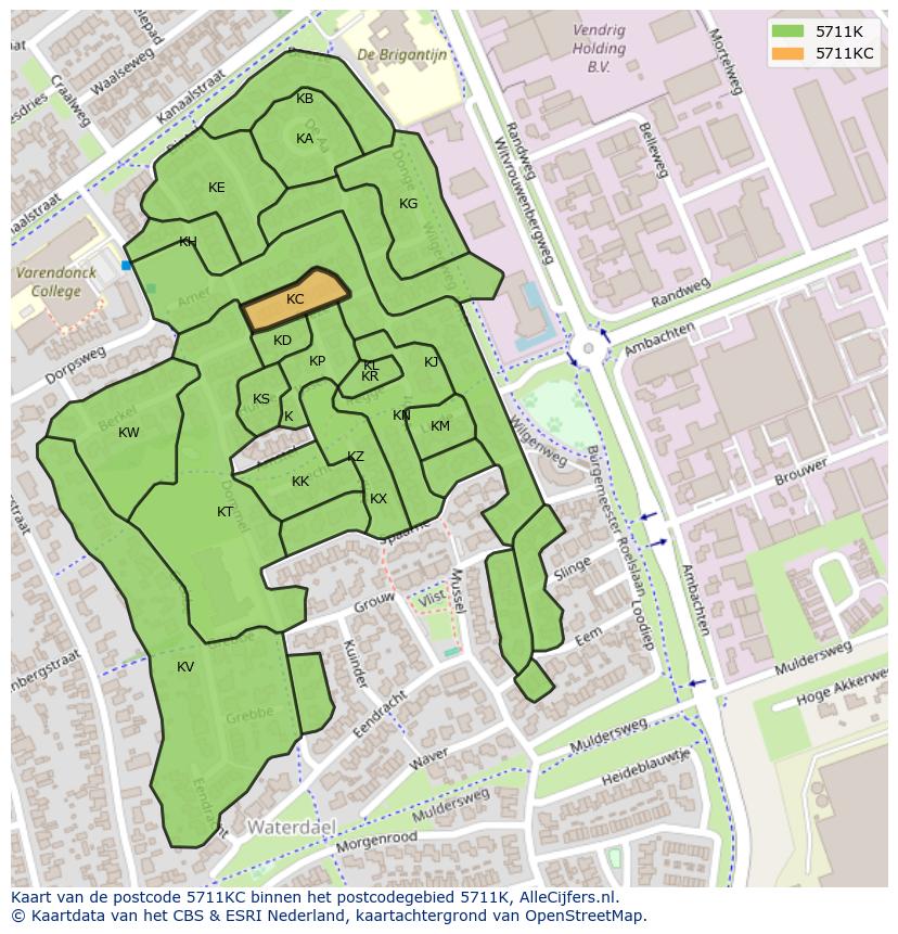Afbeelding van het postcodegebied 5711 KC op de kaart.