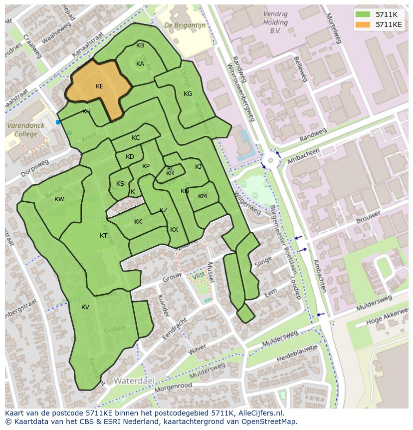 Afbeelding van het postcodegebied 5711 KE op de kaart.