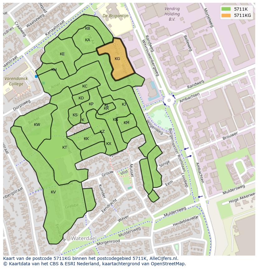 Afbeelding van het postcodegebied 5711 KG op de kaart.