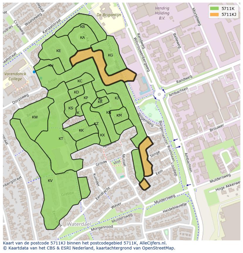 Afbeelding van het postcodegebied 5711 KJ op de kaart.