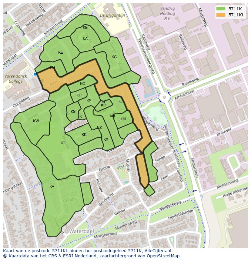 Afbeelding van het postcodegebied 5711 KL op de kaart.