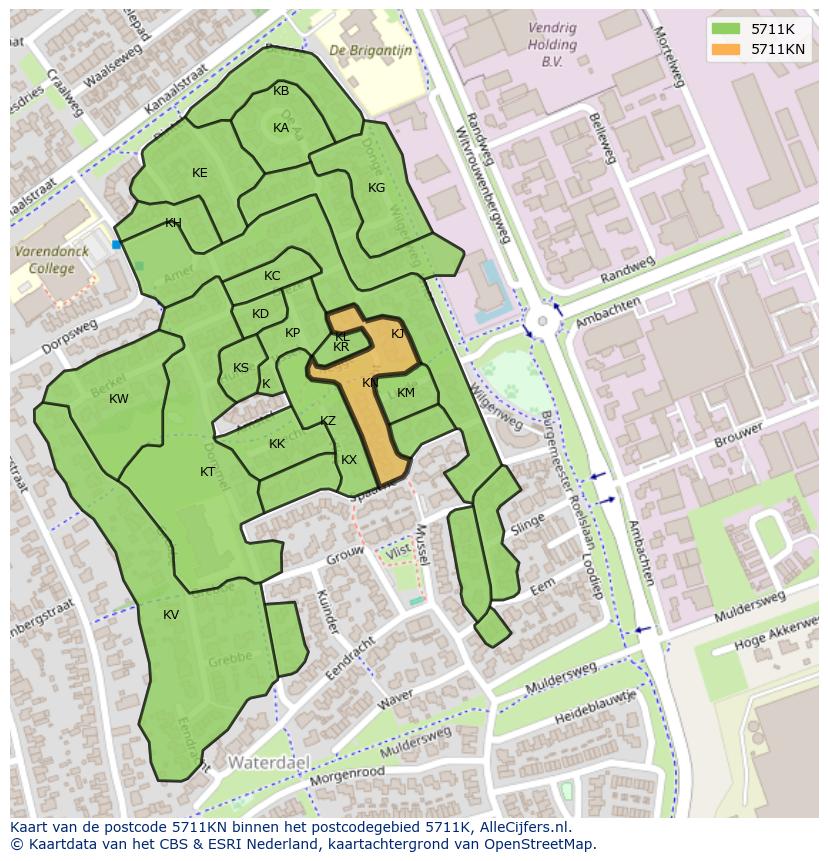 Afbeelding van het postcodegebied 5711 KN op de kaart.