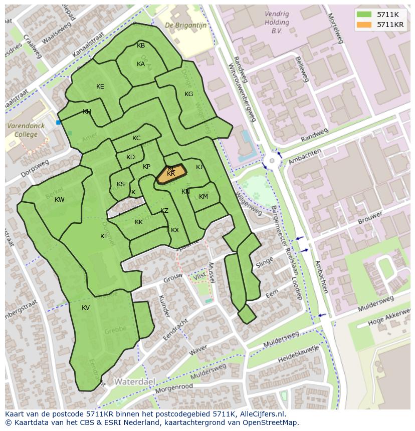 Afbeelding van het postcodegebied 5711 KR op de kaart.