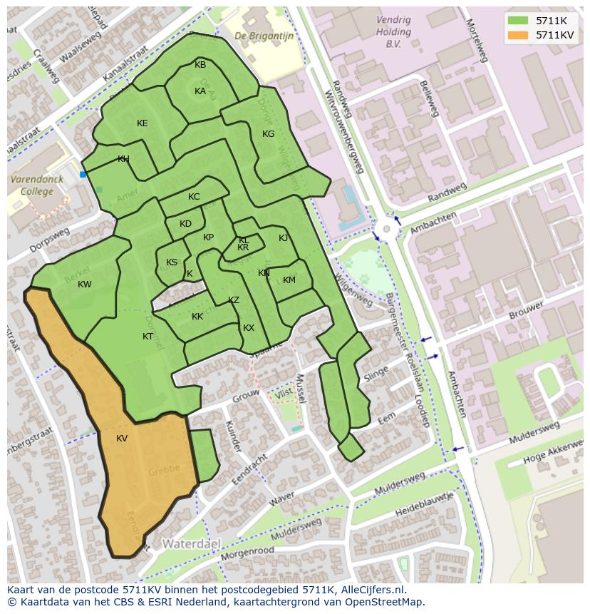 Afbeelding van het postcodegebied 5711 KV op de kaart.