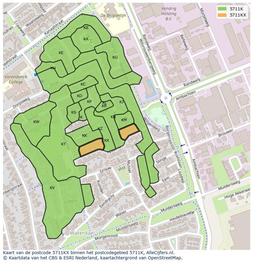 Afbeelding van het postcodegebied 5711 KX op de kaart.