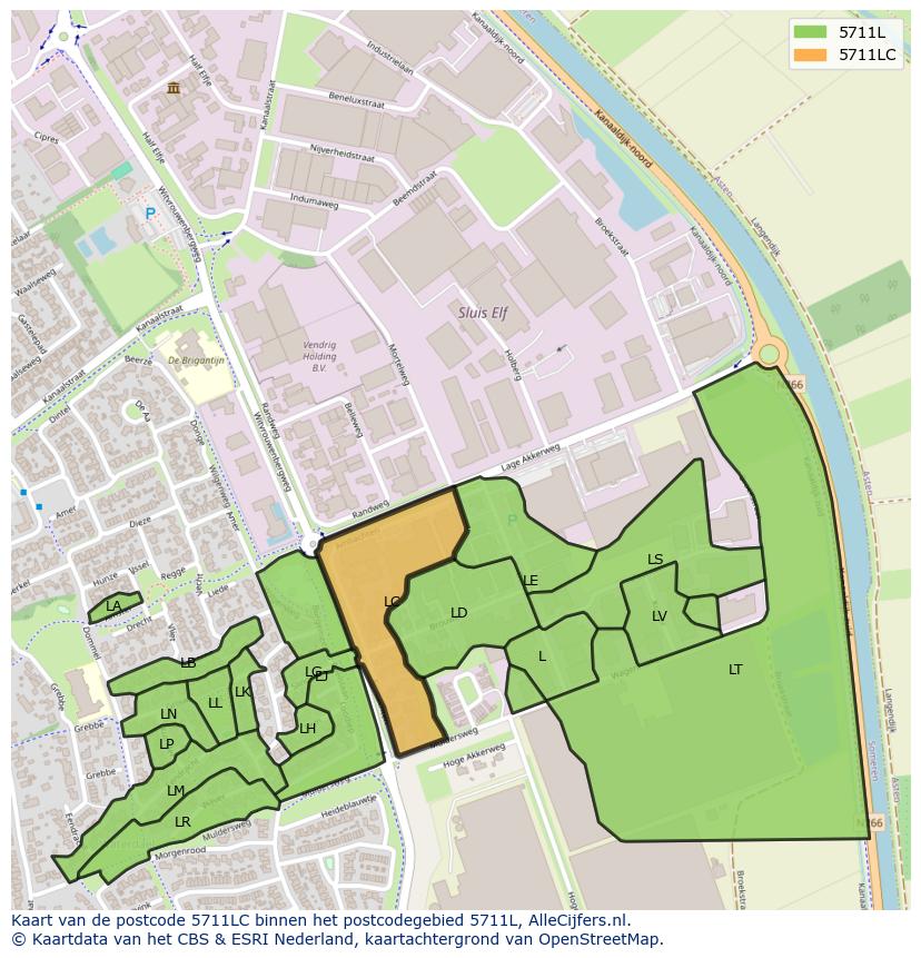 Afbeelding van het postcodegebied 5711 LC op de kaart.