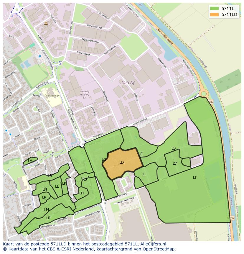 Afbeelding van het postcodegebied 5711 LD op de kaart.