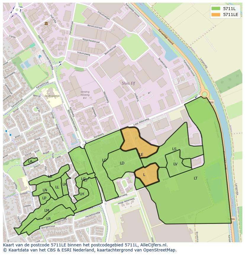 Afbeelding van het postcodegebied 5711 LE op de kaart.