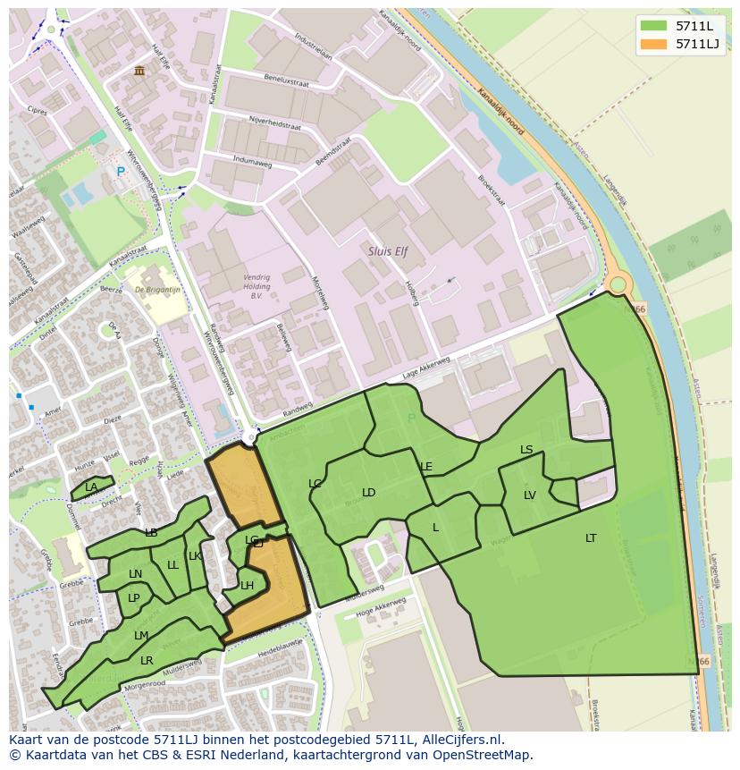 Afbeelding van het postcodegebied 5711 LJ op de kaart.