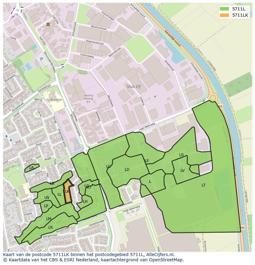 Afbeelding van het postcodegebied 5711 LK op de kaart.