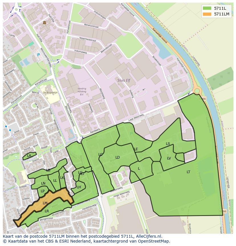 Afbeelding van het postcodegebied 5711 LM op de kaart.