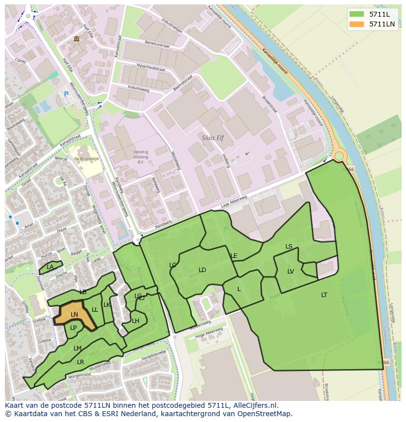 Afbeelding van het postcodegebied 5711 LN op de kaart.