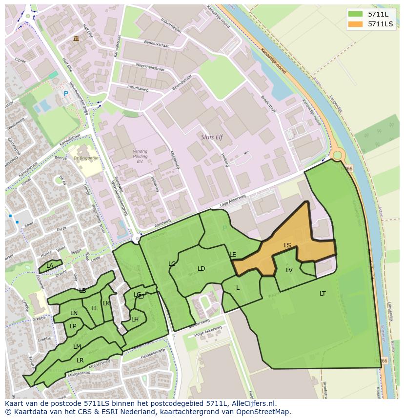 Afbeelding van het postcodegebied 5711 LS op de kaart.