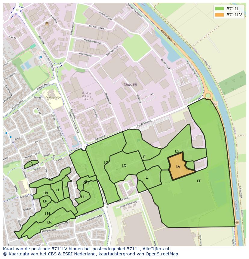 Afbeelding van het postcodegebied 5711 LV op de kaart.