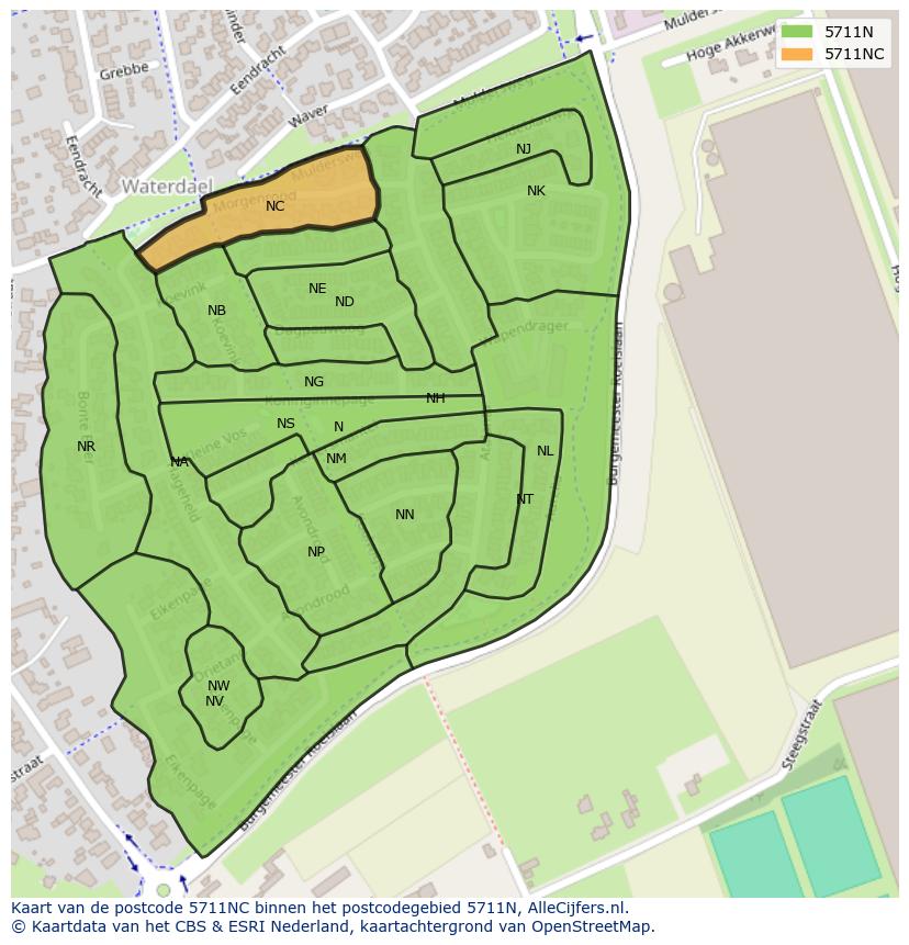 Afbeelding van het postcodegebied 5711 NC op de kaart.