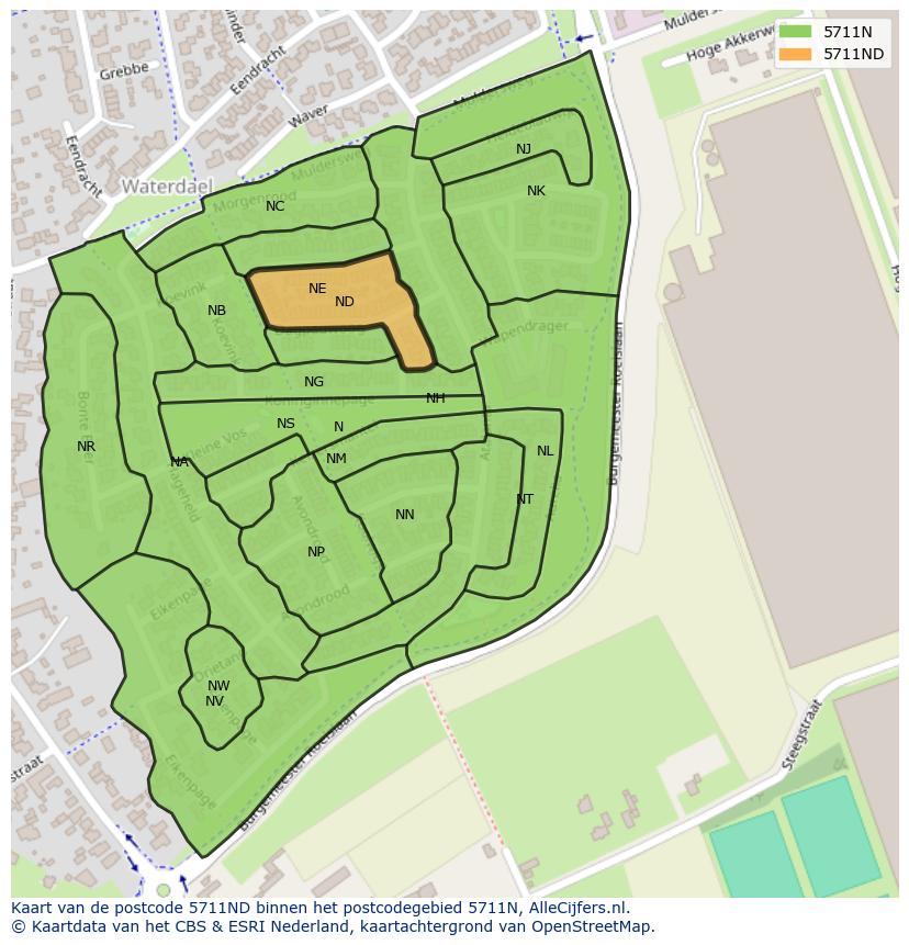 Afbeelding van het postcodegebied 5711 ND op de kaart.