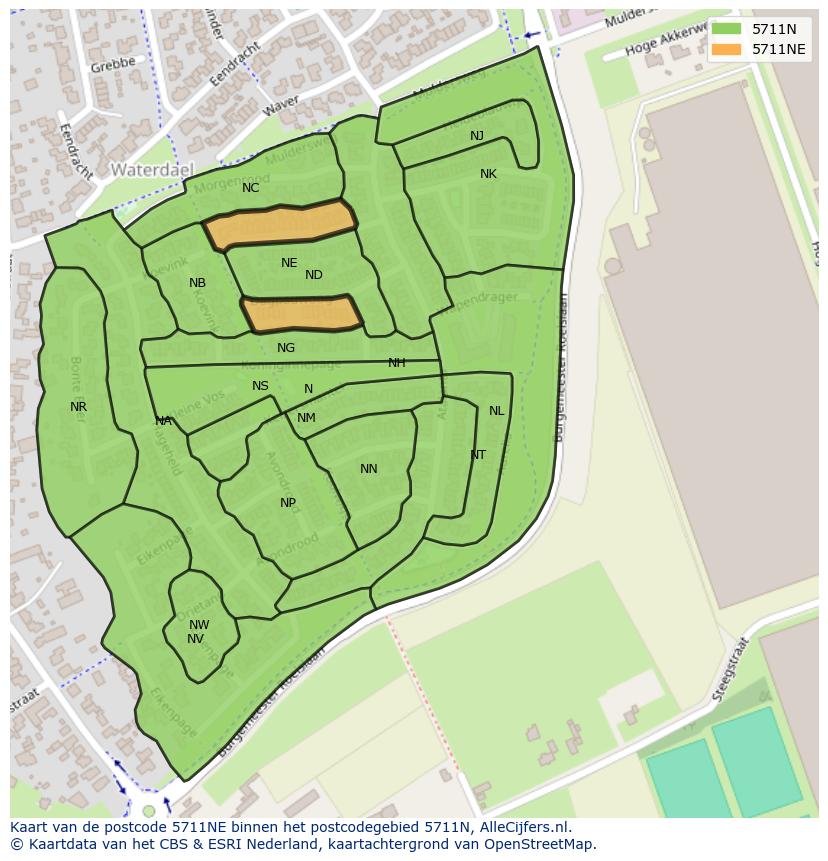 Afbeelding van het postcodegebied 5711 NE op de kaart.