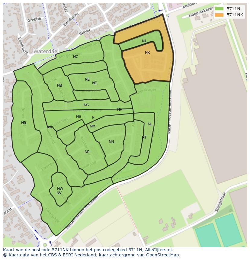 Afbeelding van het postcodegebied 5711 NK op de kaart.