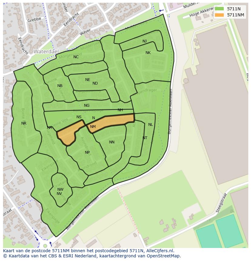 Afbeelding van het postcodegebied 5711 NM op de kaart.