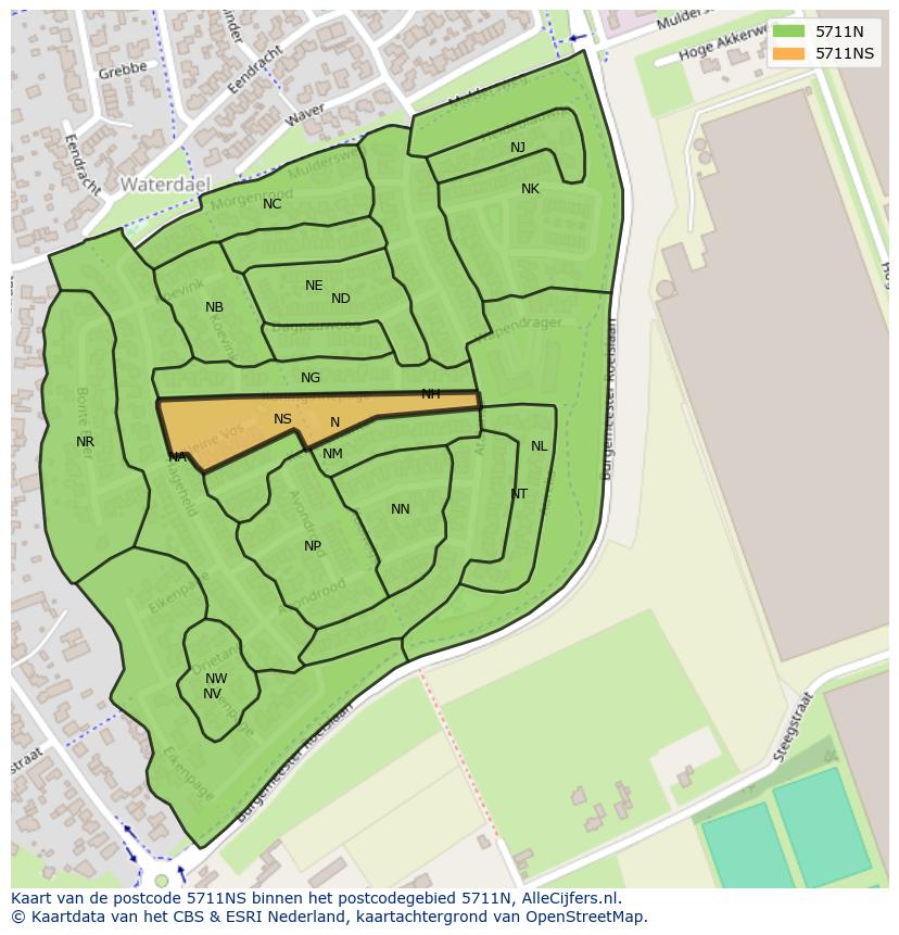 Afbeelding van het postcodegebied 5711 NS op de kaart.