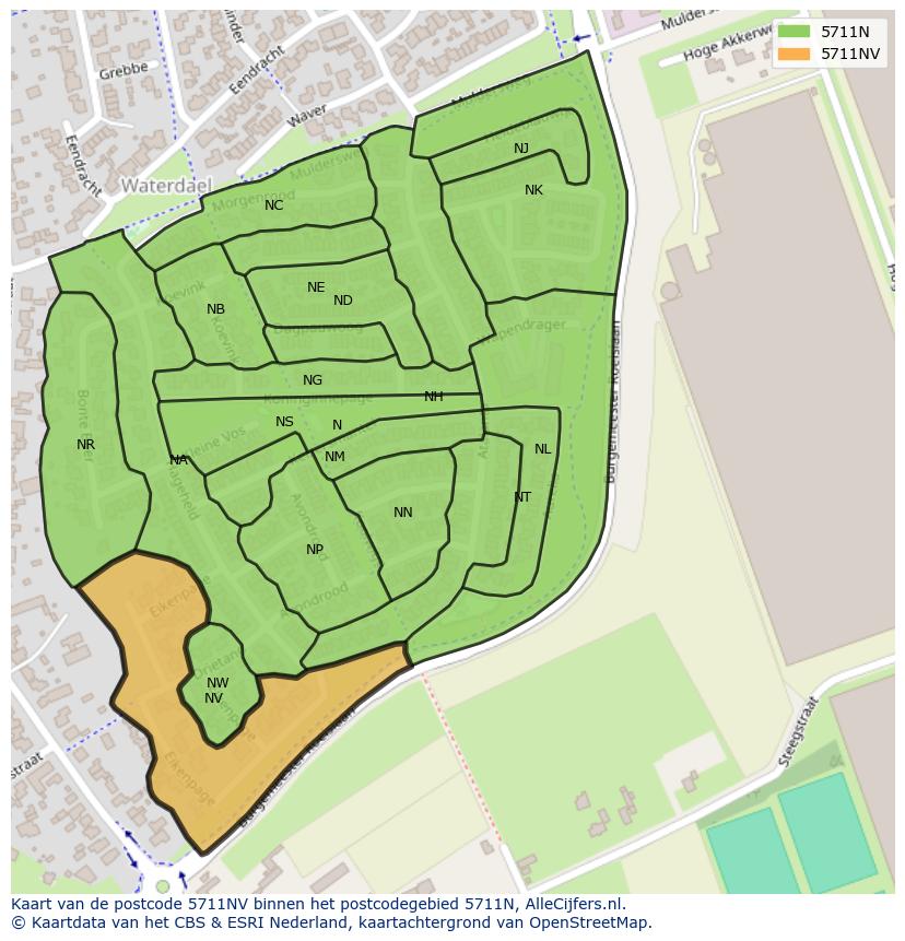 Afbeelding van het postcodegebied 5711 NV op de kaart.