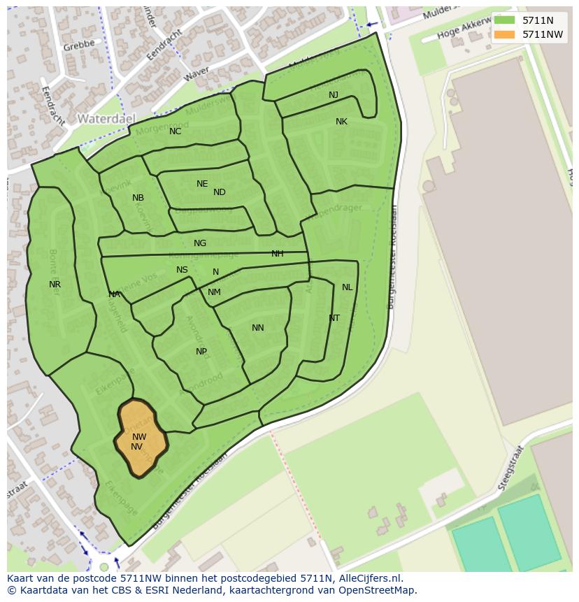 Afbeelding van het postcodegebied 5711 NW op de kaart.