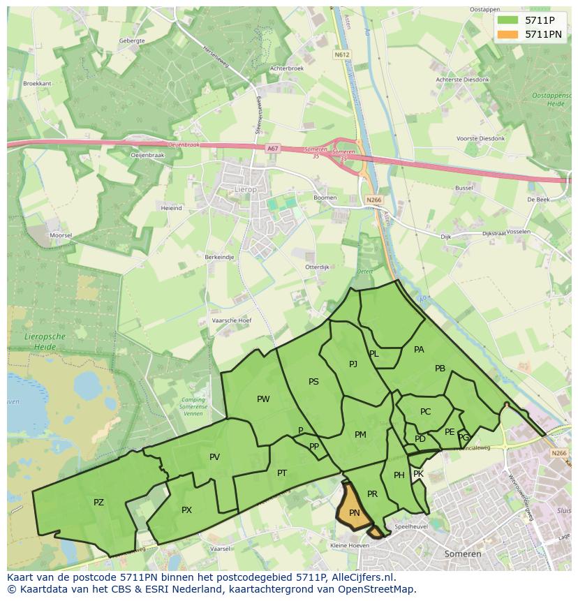 Afbeelding van het postcodegebied 5711 PN op de kaart.