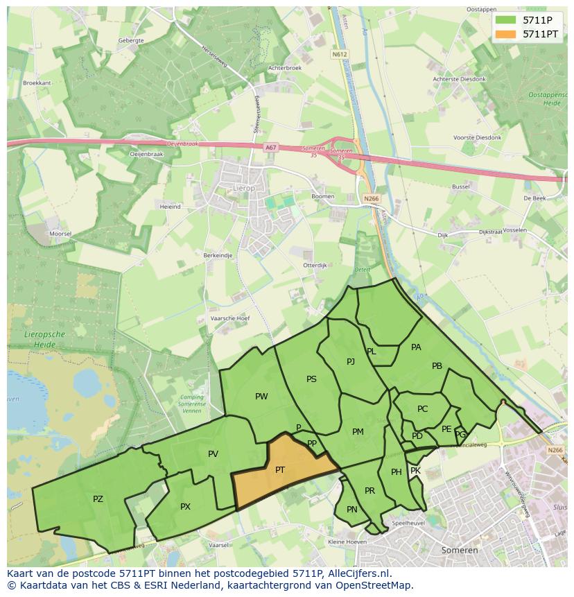 Afbeelding van het postcodegebied 5711 PT op de kaart.