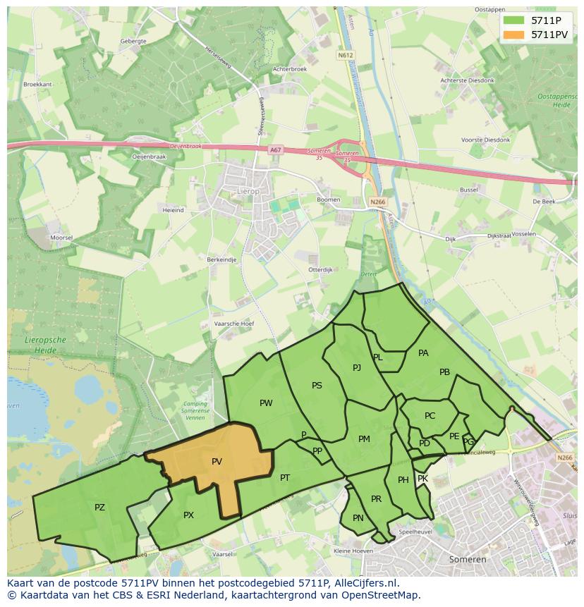 Afbeelding van het postcodegebied 5711 PV op de kaart.