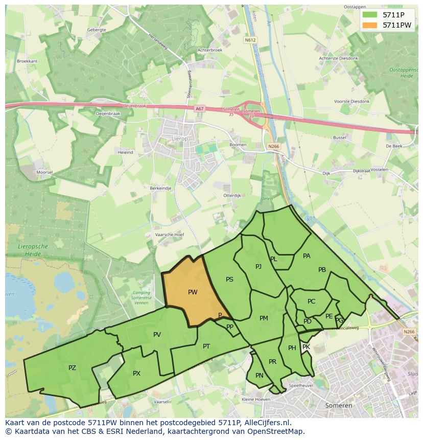 Afbeelding van het postcodegebied 5711 PW op de kaart.