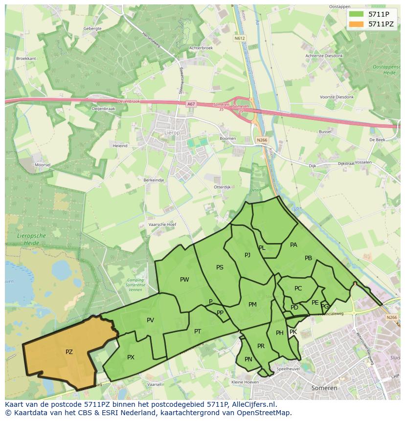 Afbeelding van het postcodegebied 5711 PZ op de kaart.