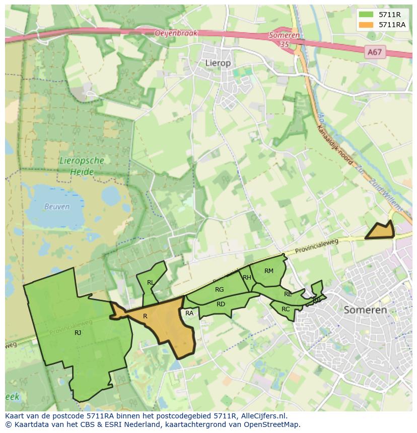 Afbeelding van het postcodegebied 5711 RA op de kaart.