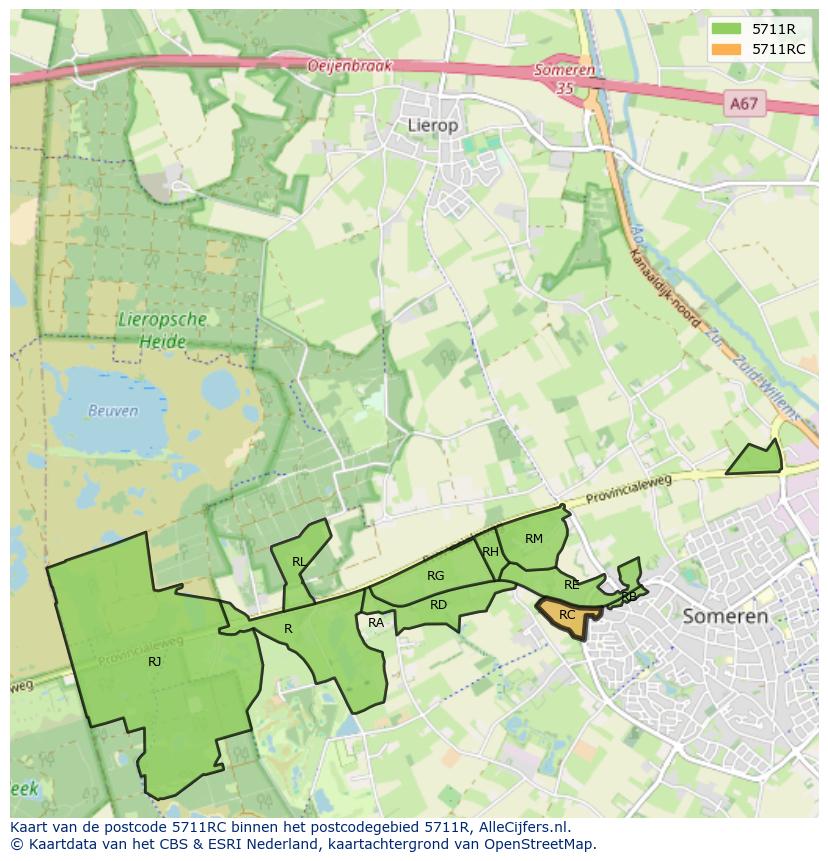 Afbeelding van het postcodegebied 5711 RC op de kaart.