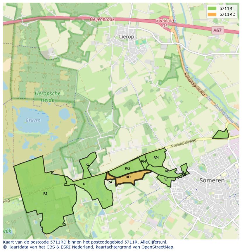 Afbeelding van het postcodegebied 5711 RD op de kaart.