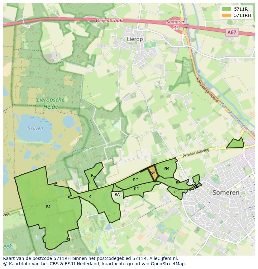 Afbeelding van het postcodegebied 5711 RH op de kaart.