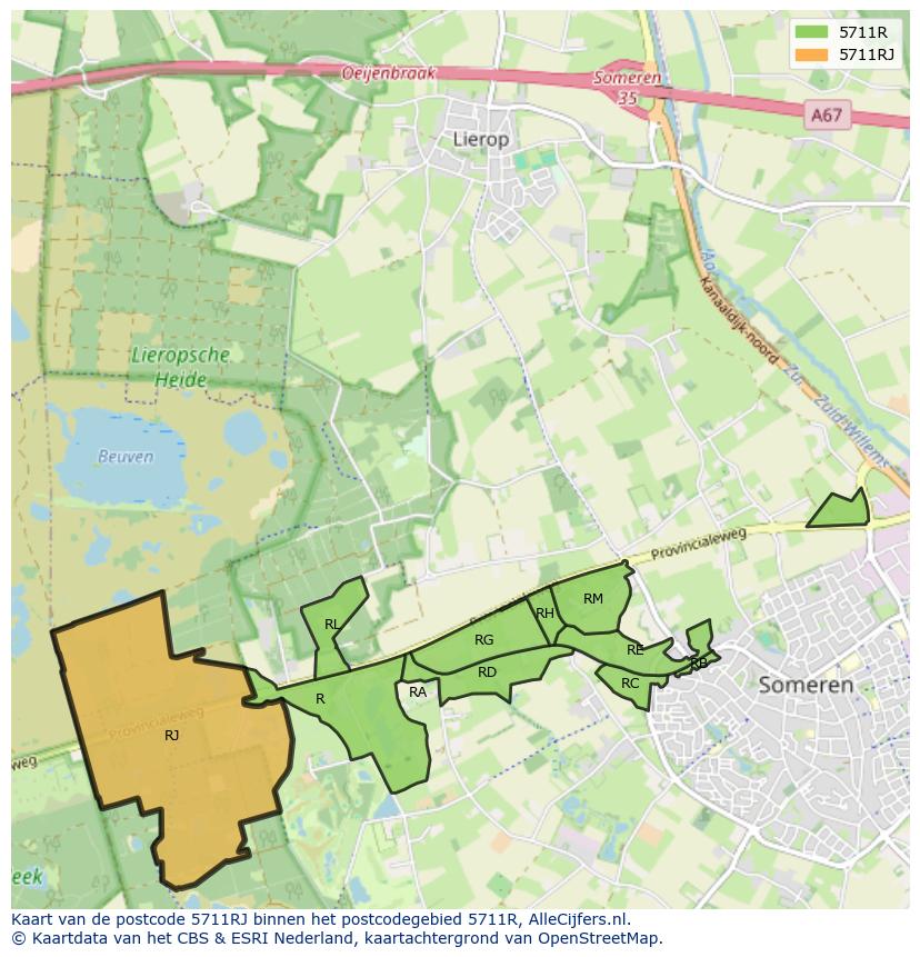 Afbeelding van het postcodegebied 5711 RJ op de kaart.