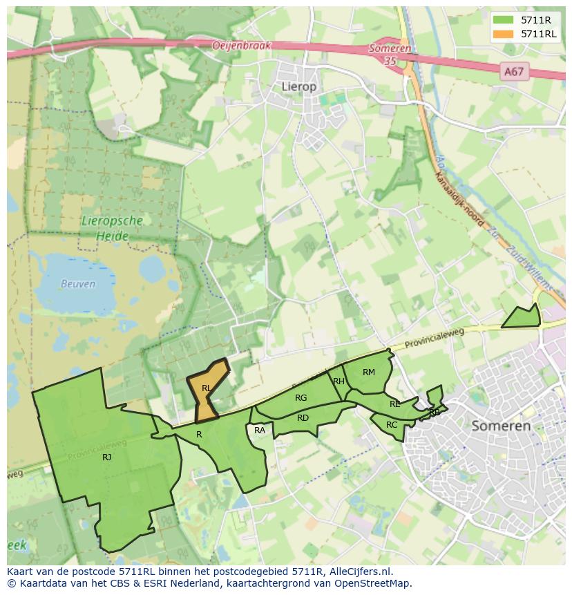 Afbeelding van het postcodegebied 5711 RL op de kaart.