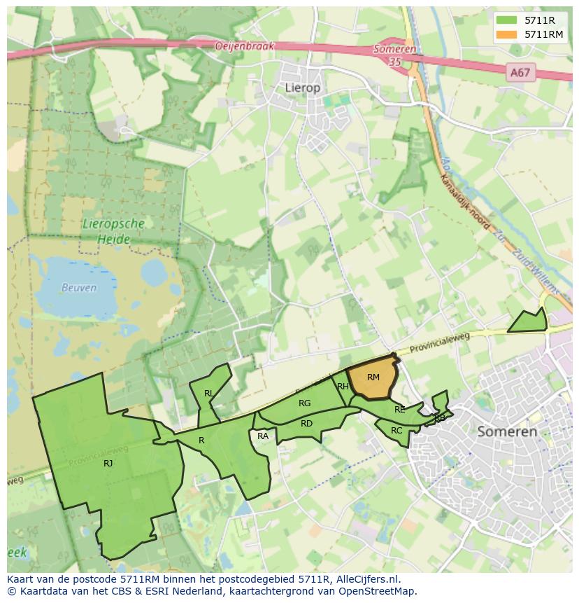 Afbeelding van het postcodegebied 5711 RM op de kaart.