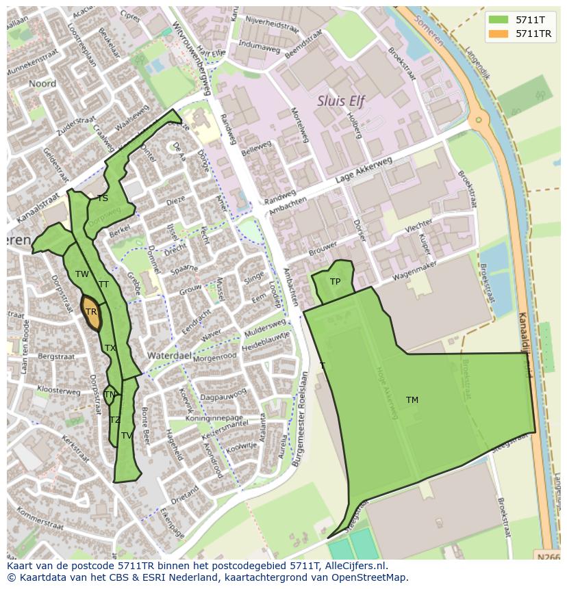 Afbeelding van het postcodegebied 5711 TR op de kaart.