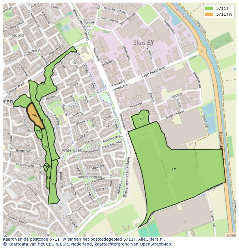 Afbeelding van het postcodegebied 5711 TW op de kaart.