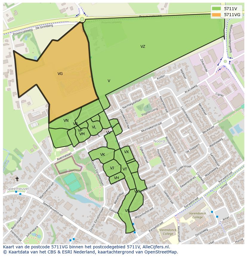 Afbeelding van het postcodegebied 5711 VG op de kaart.